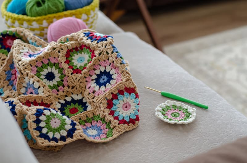 In-progress granny square blanket with a basket full of yarns and a hook on a sofa chair.